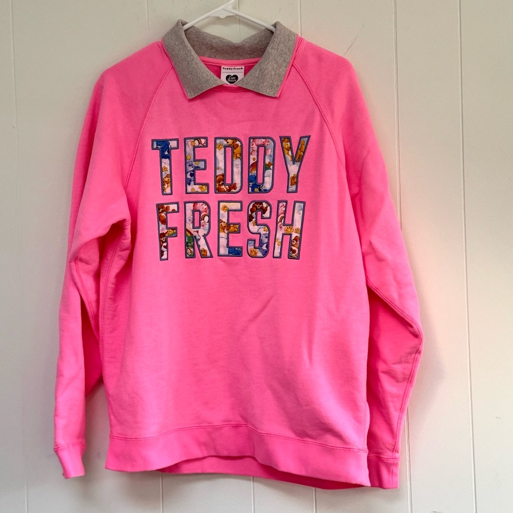 Teddy Fresh x Care Bears Pink Collared Sweatshirt M Tackle Twill Lettering